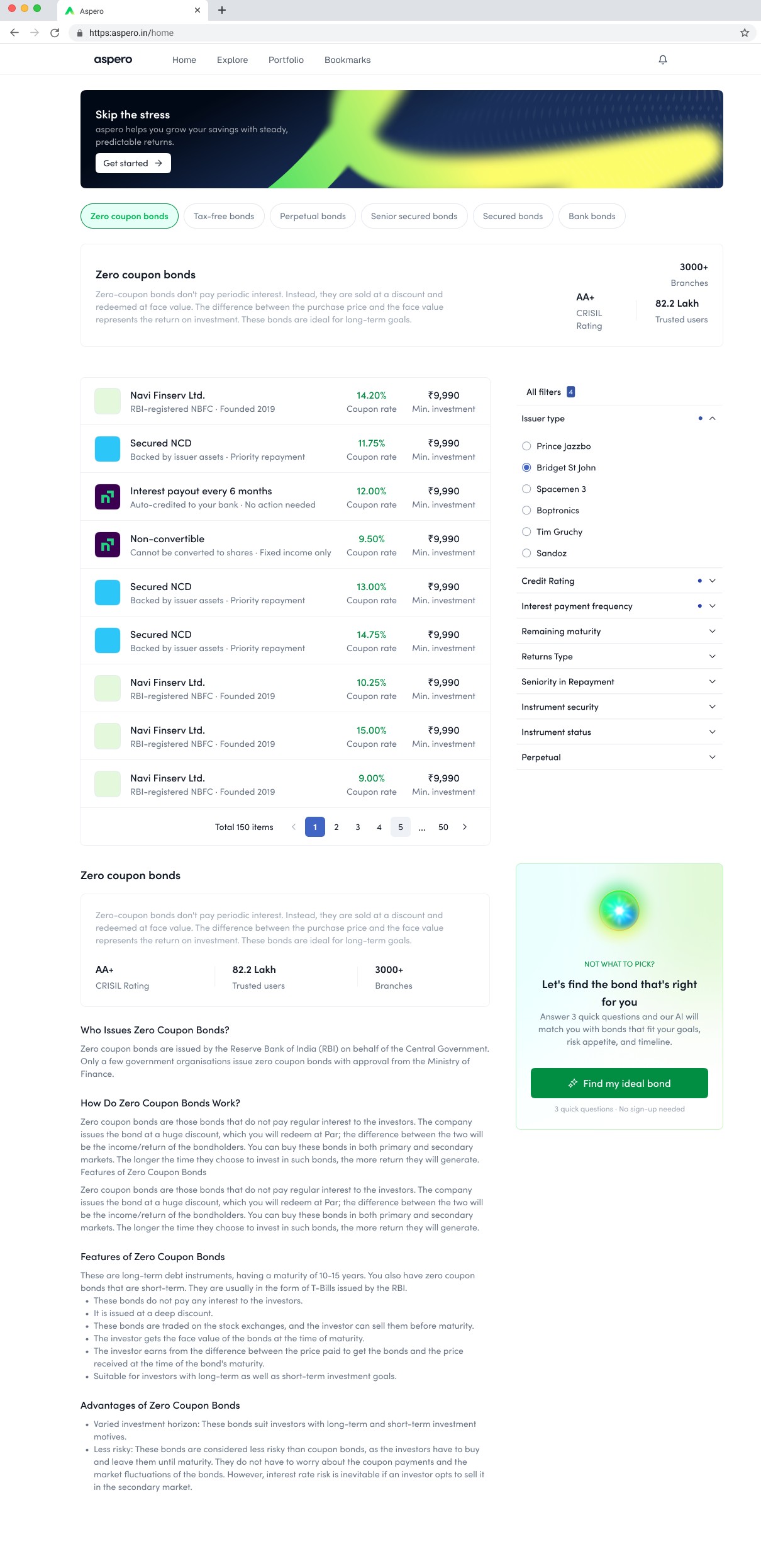 The Aspero bond directory on web: category chips for zero coupon, tax-free, perpetual, senior secured and more, a 150-item filterable list with coupon rate and minimum investment per row, a full filter rail by issuer, rating, payment frequency, maturity and seniority, an educational explainer for the category, and a find-my-ideal-bond helper