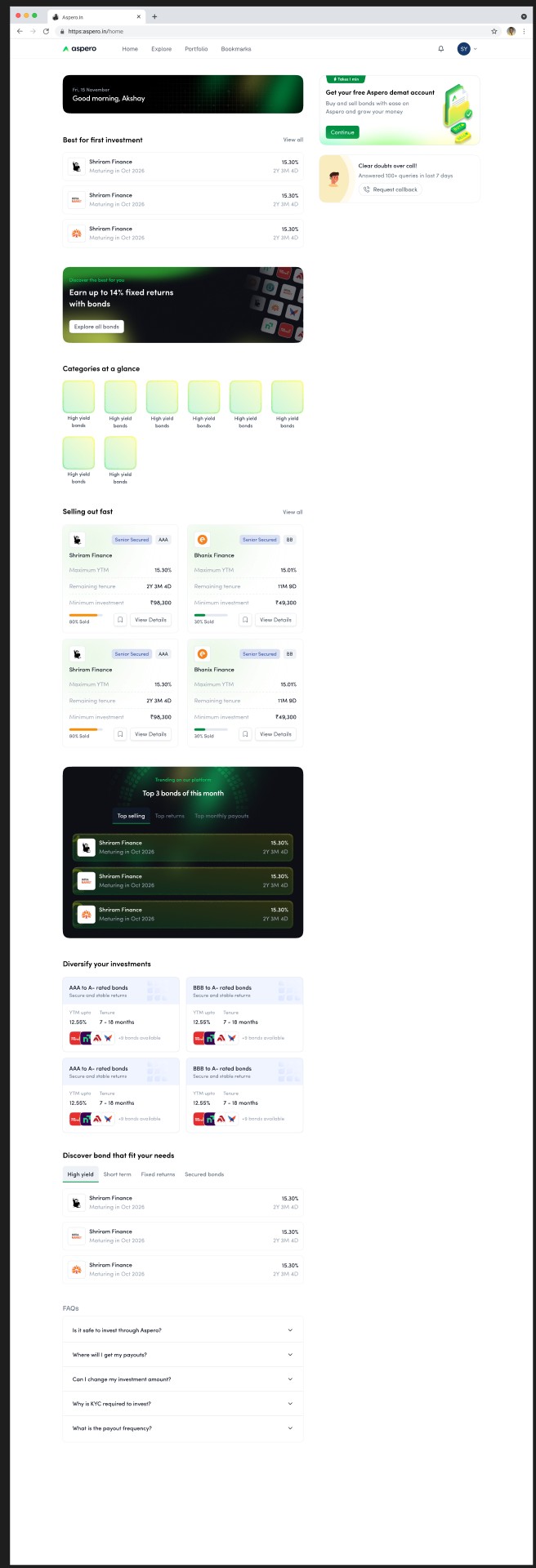 The Aspero web home end to end: best-for-first-investment shelf, the earn-up-to-14-percent explore banner, categories at a glance, selling-out-fast cards with percentage-sold bars, top 3 bonds of the month, diversify-by-rating cards, discover-by-need tabs, and FAQs