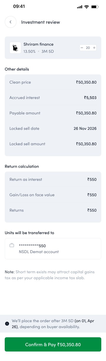 The investment review screen: the chosen bond, units, amounts, and the full breakdown restated for a final check before payment