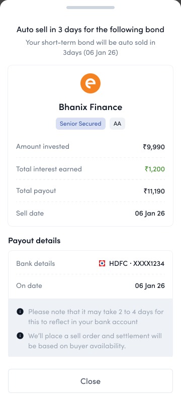 The sell request bottom sheet: units, price, and settlement details quoted plainly before confirming the sale
