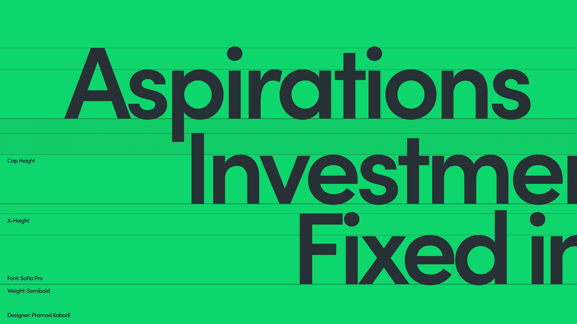 Aspero typography specimen: Sofia Pro semibold headlines set on the brand green, with cap-height and x-height guides