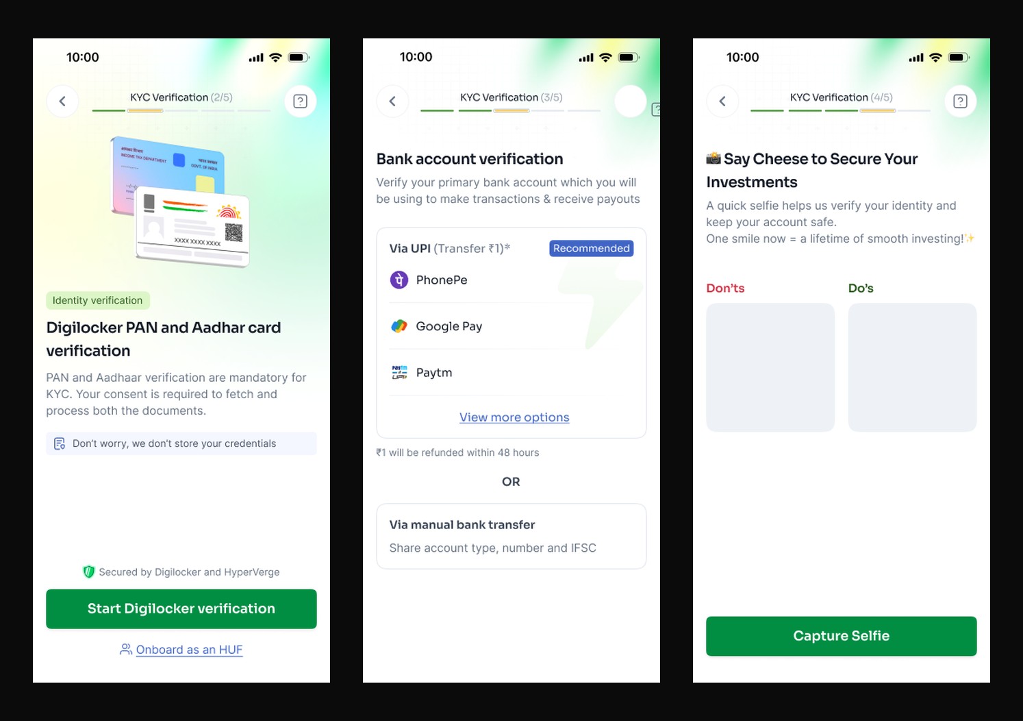 The new Aspero KYC flow: a single Digilocker identity step that fetches PAN and Aadhaar with consent, a bank step verified in one tap over UPI with a manual fallback, and a friendly Say Cheese selfie step, each showing a legible numbered progress bar