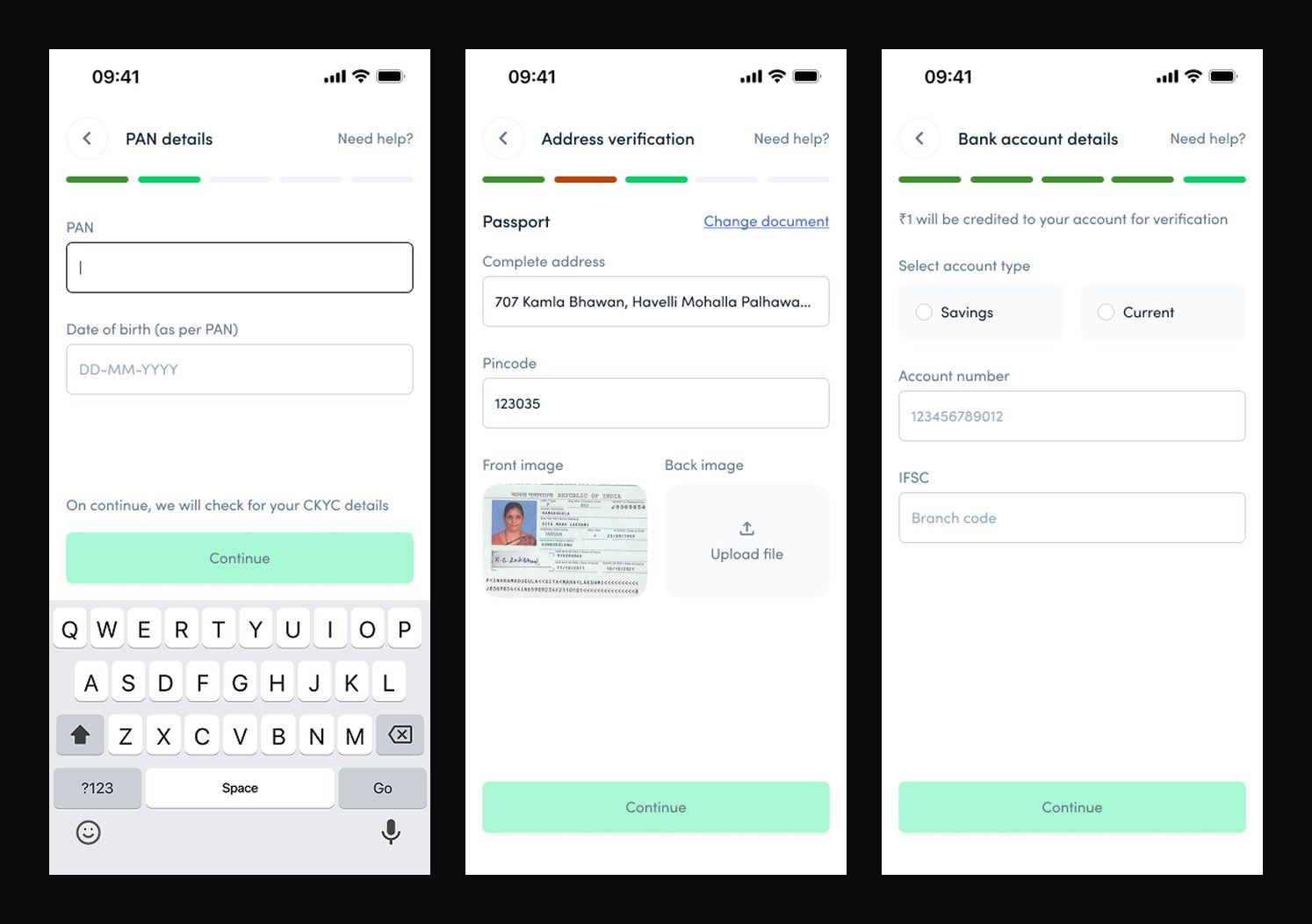 The old Aspero KYC flow: a cold PAN-details entry screen with the keyboard already up, an address step that asks the user to photograph and upload the front and back of a passport, and a bank step that makes them type an account number and IFSC by hand