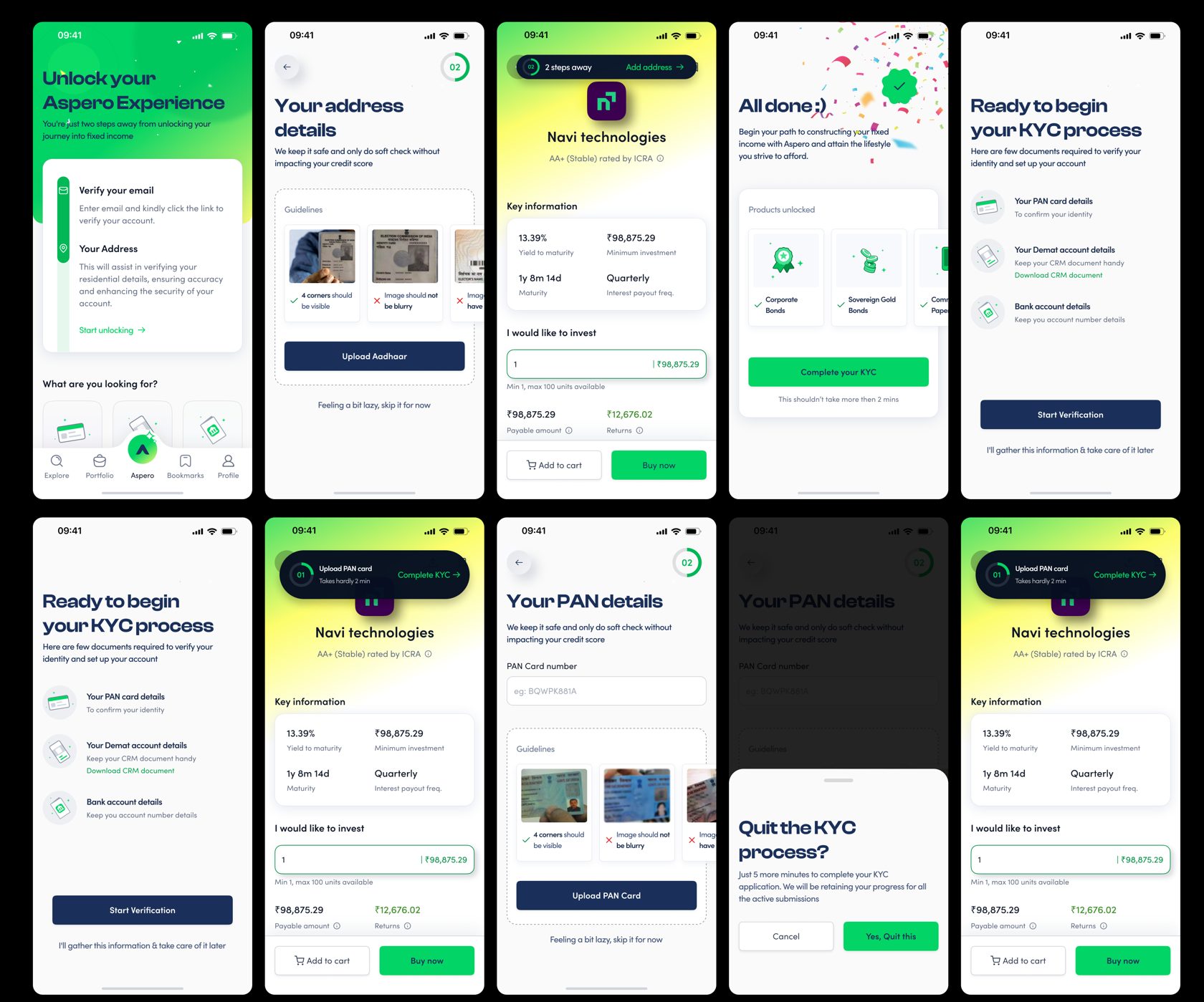 The Aspero KYC and onboarding flow: verification steps, PAN details with soft-check reassurance, upload guidance, and the quit flow that retains progress