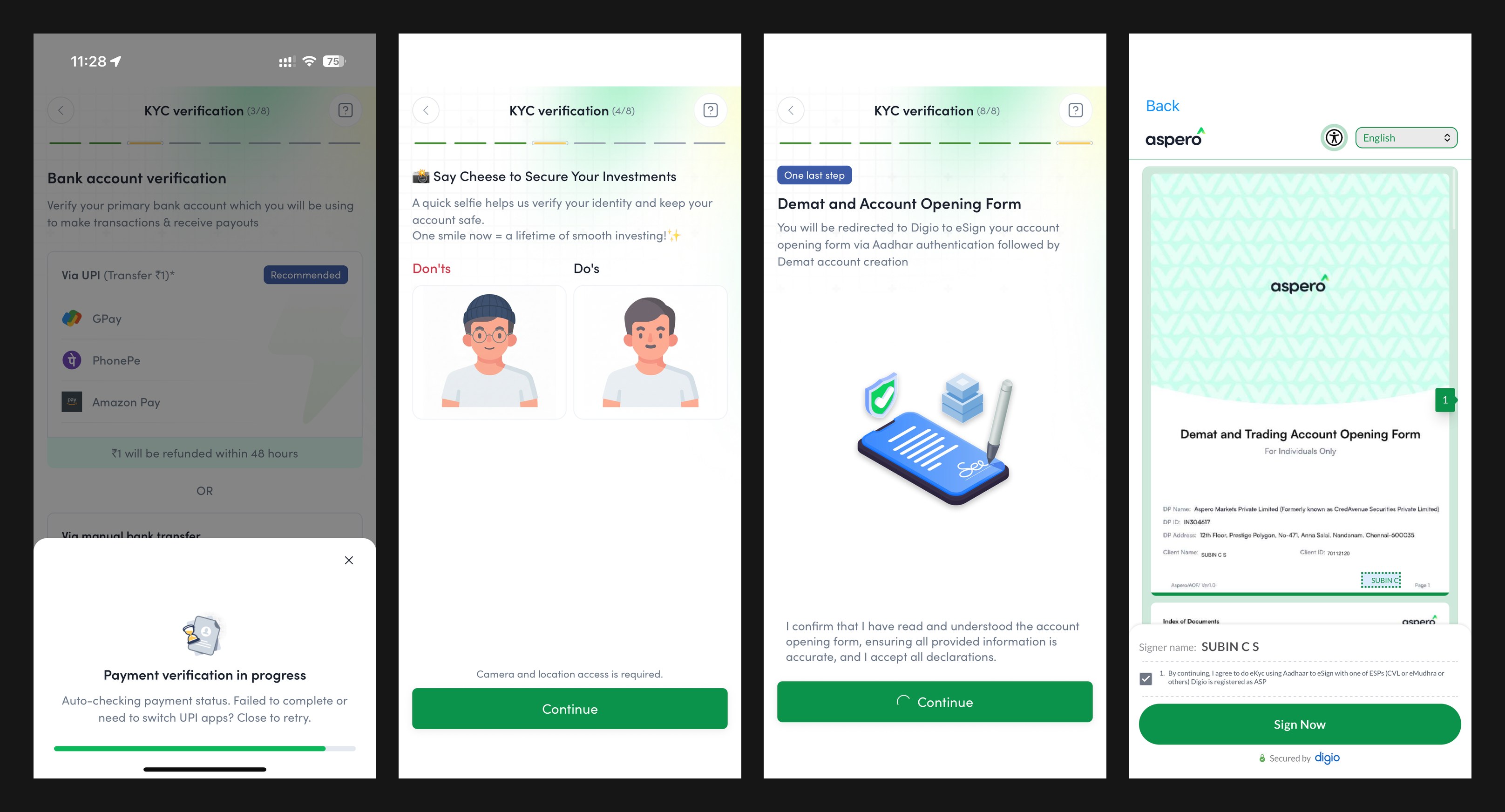 The live Aspero KYC flow: bank account verification via UPI, the friendly selfie step, the Demat account opening form, and the Digio eSign screen