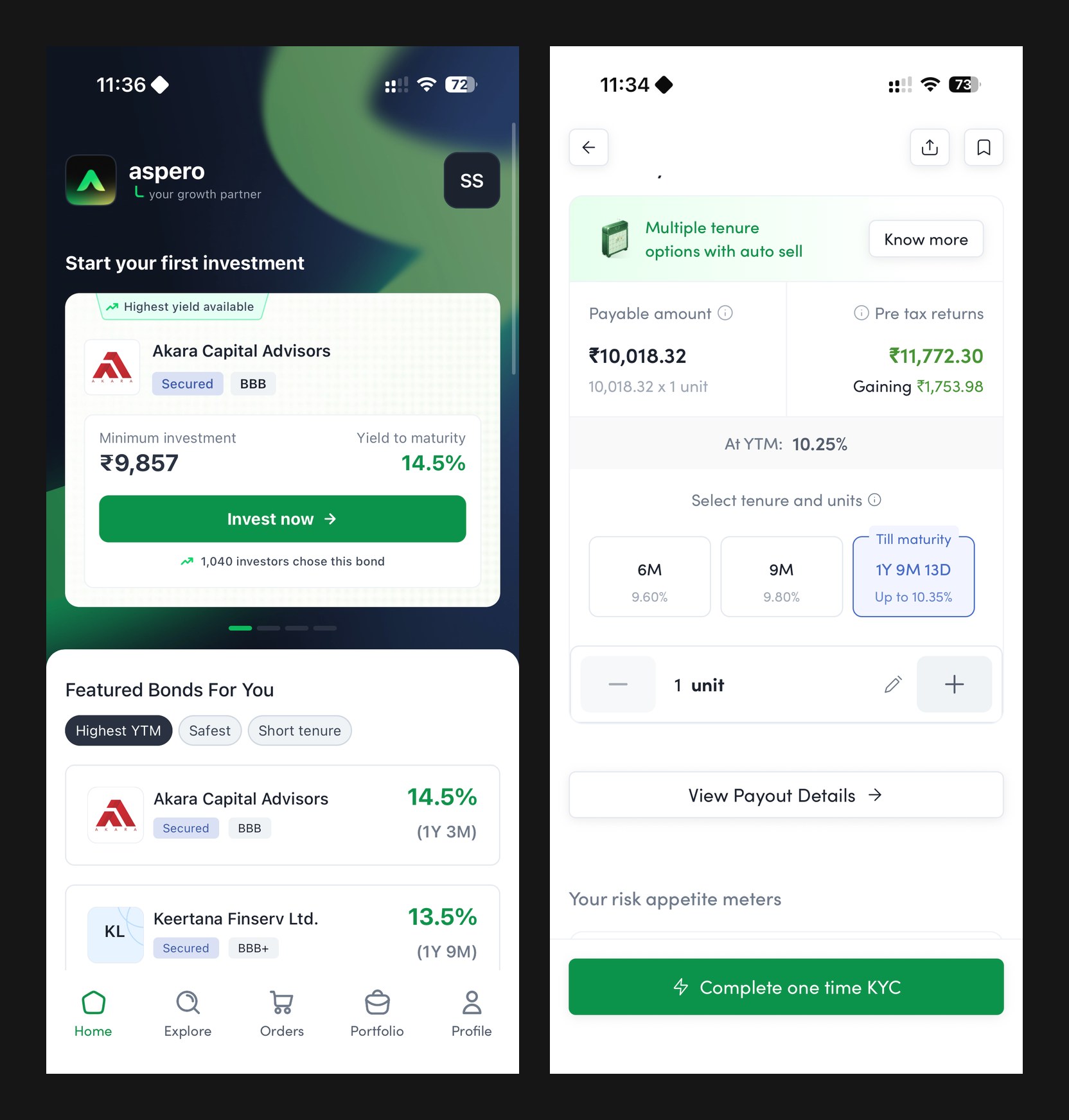 The live Aspero app: the home screen with the highest-yield bond ready to invest, and the returns calculator with tenure options and pre-tax returns