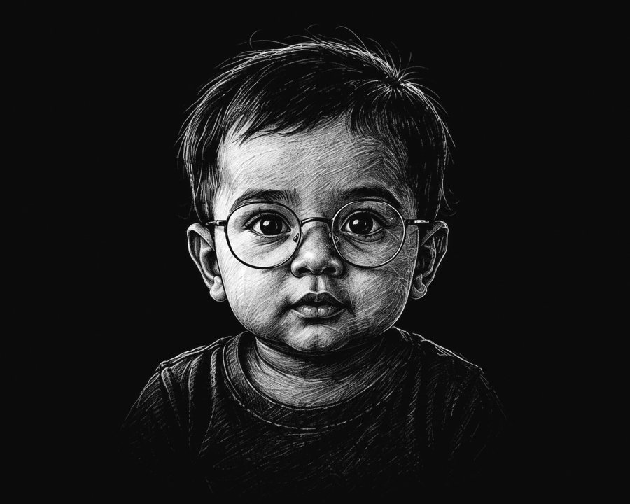 Scratchboard portrait of Subin as a baby, wide-eyed in round glasses