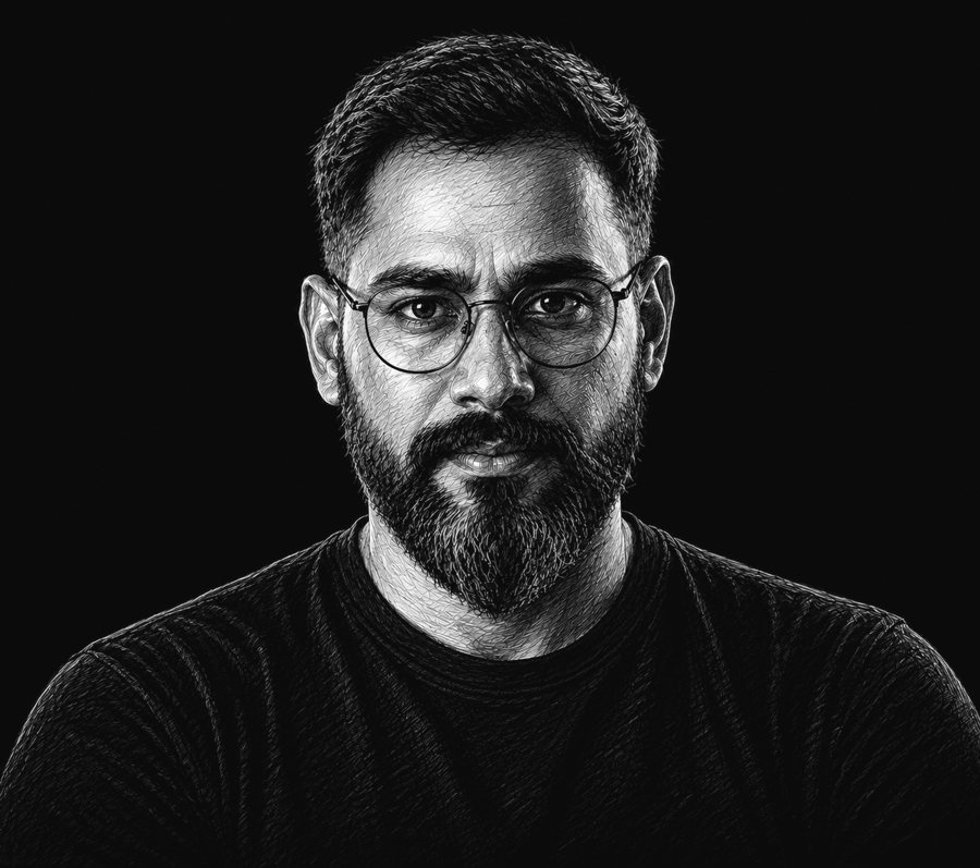 Scratchboard portrait of an older Subin, still in the same round glasses