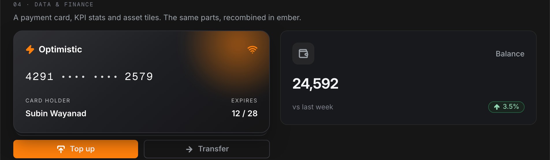 Design system card components: a payment card and a balance KPI stat built from the same card parts