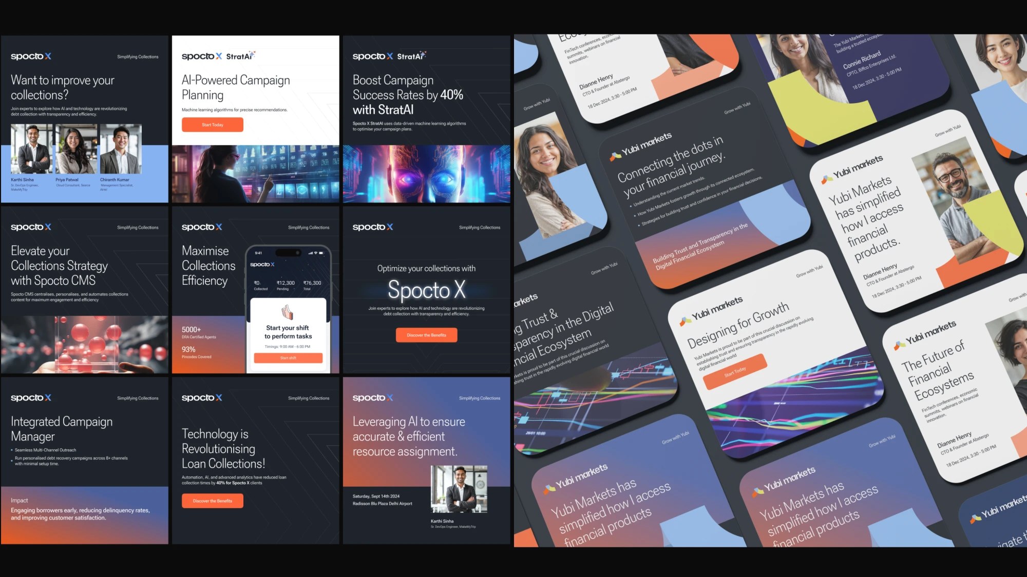Campaign creatives from the brand system: Spocto X collections and StratAI posts alongside Yubi Markets speaker and event cards