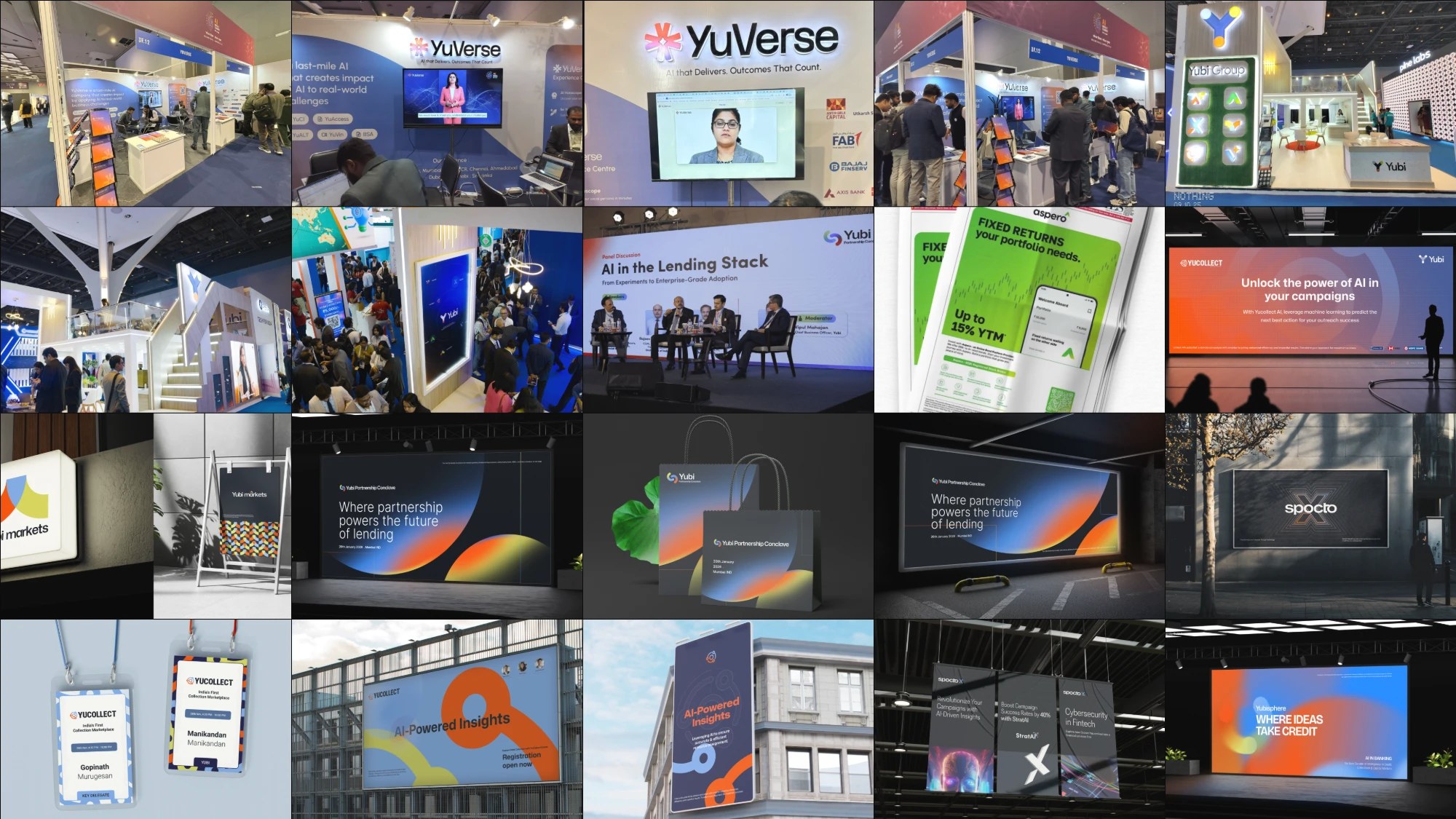 Collage of Yubi events: the YuVerse and Yubi Group booths, conference panels, the Partnership Conclave hoardings and bags, delegate badges, and Aspero, YuCollect and Spocto X out-of-home campaigns