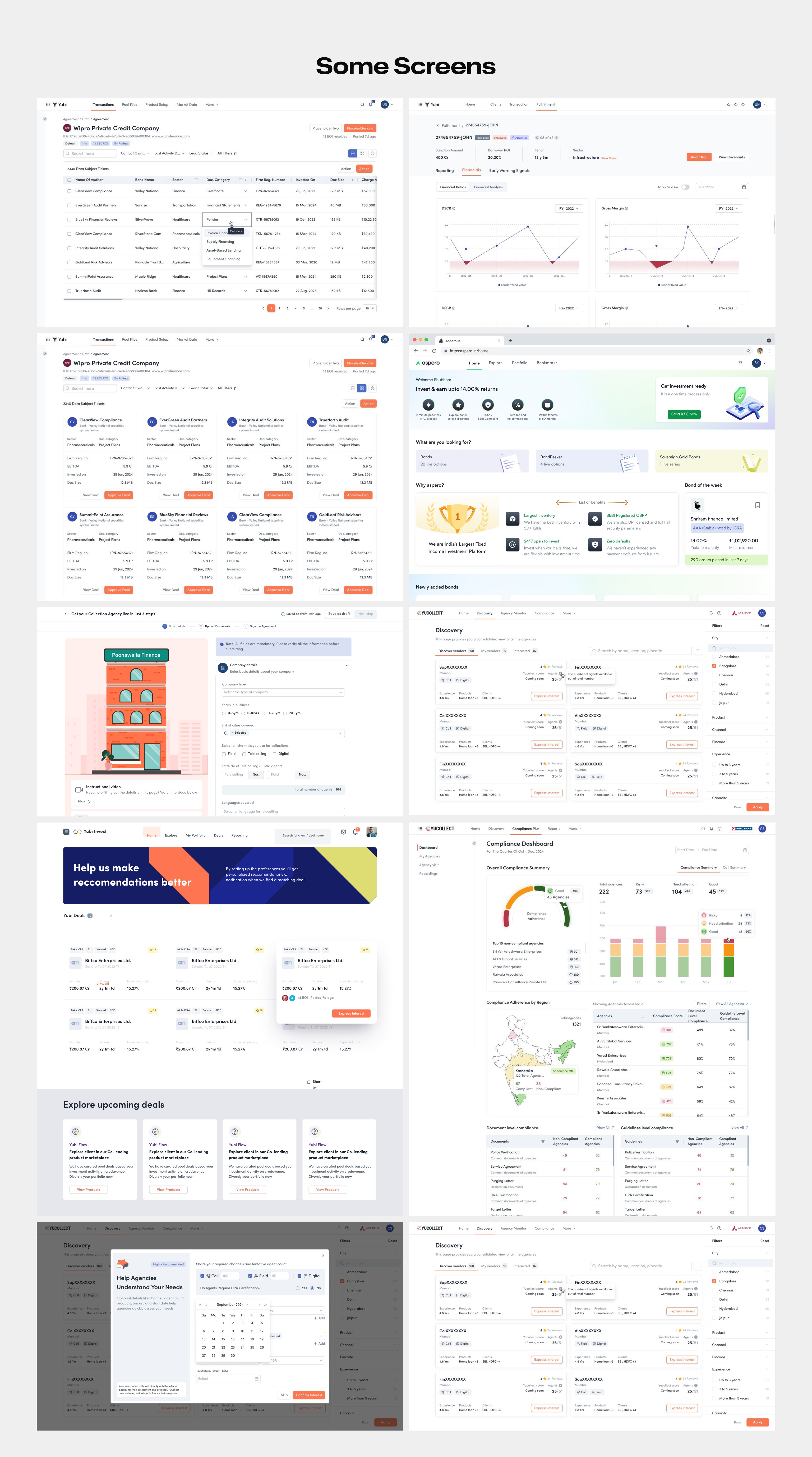 Yubi 2.0 screens after the rebuild: unified dashboards, portfolio views, and workflows in one design language