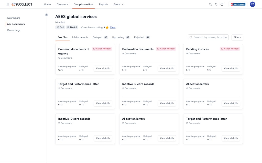The agency's Box Files dashboard: compliance documents grouped into labelled boxes such as common documents, declaration documents, and pending invoices, each with action-needed flags and awaiting-approval counts