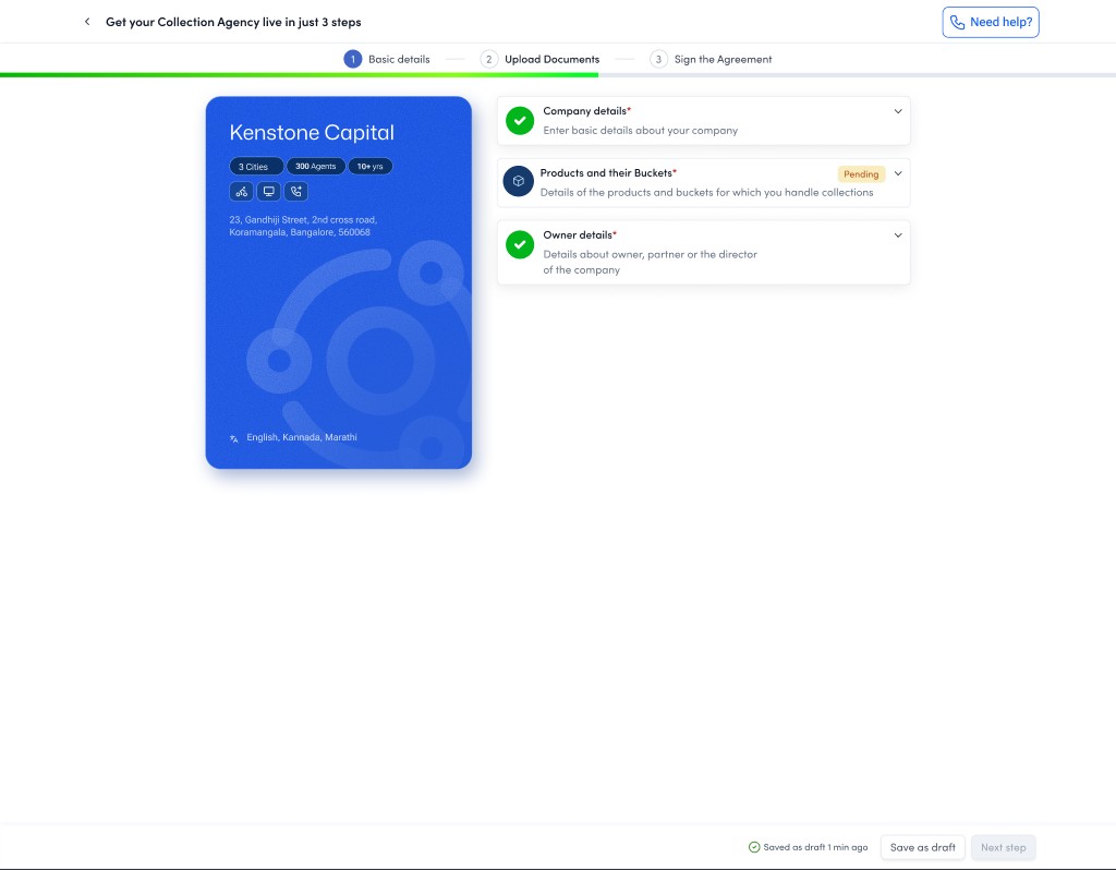 The three-step agency onboarding: as each section of the form is completed, the agency's blue marketplace profile card builds live beside it, gaining chips for cities, agents, years, address, and languages