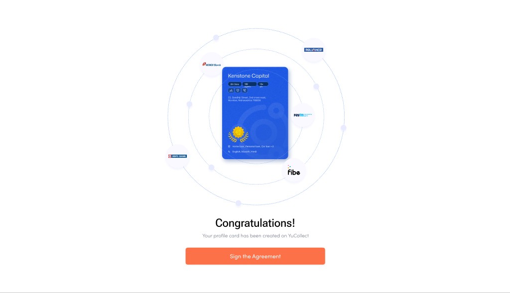 The onboarding payoff: the agency's completed profile card at the centre of an orbit of lender logos, with the message that the profile card has been created on YuCollect