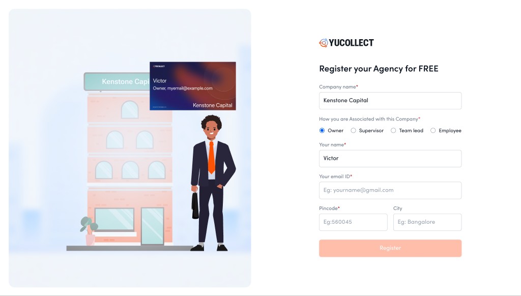 Declaring yourself the owner makes the owner character appear in front of the building while a business card materialises with your name, role, and email